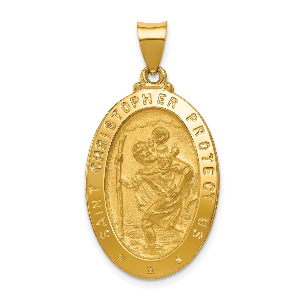 14k Polished and Satin Hollow St Christopher Medal Oval Pendant