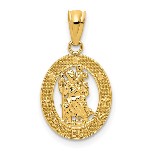 14k Polished Solid Cut-out Saint Christopher Medal Oval Pendant