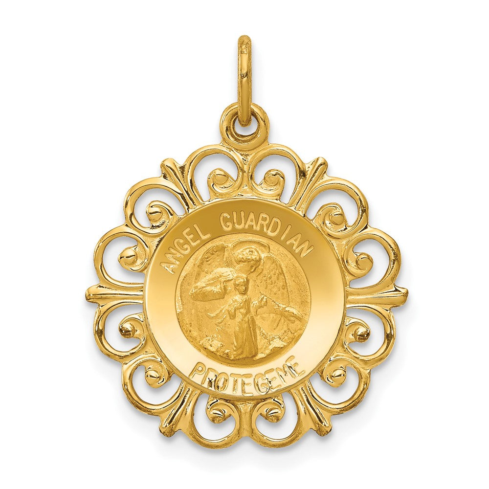 14k Polished and Satin Hollow Spanish Guardian Angel Medal Round Pendant