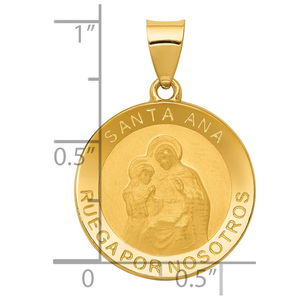 14K Polished and Satin Hollow Spanish Santa Ana Medal Round Pendant