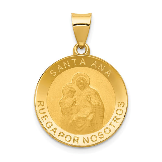 14K Polished and Satin Hollow Spanish Santa Ana Medal Round Pendant