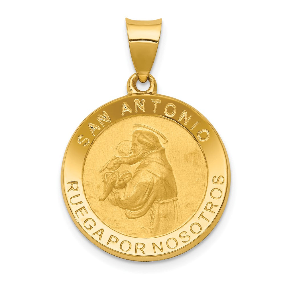 14K Polished and Satin Hollow Spanish San Antonio Medal Round Pendant