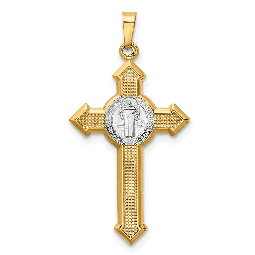14k and White Rhodium St. Benedict Hollow Medal INRI Crucifix Pendant