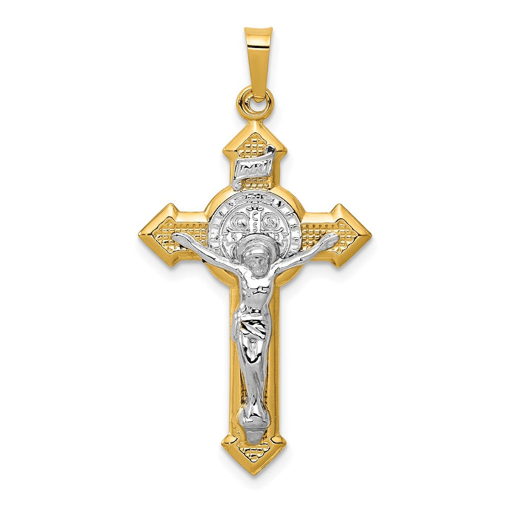 14k and White Rhodium St. Benedict Hollow Medal INRI Crucifix Pendant