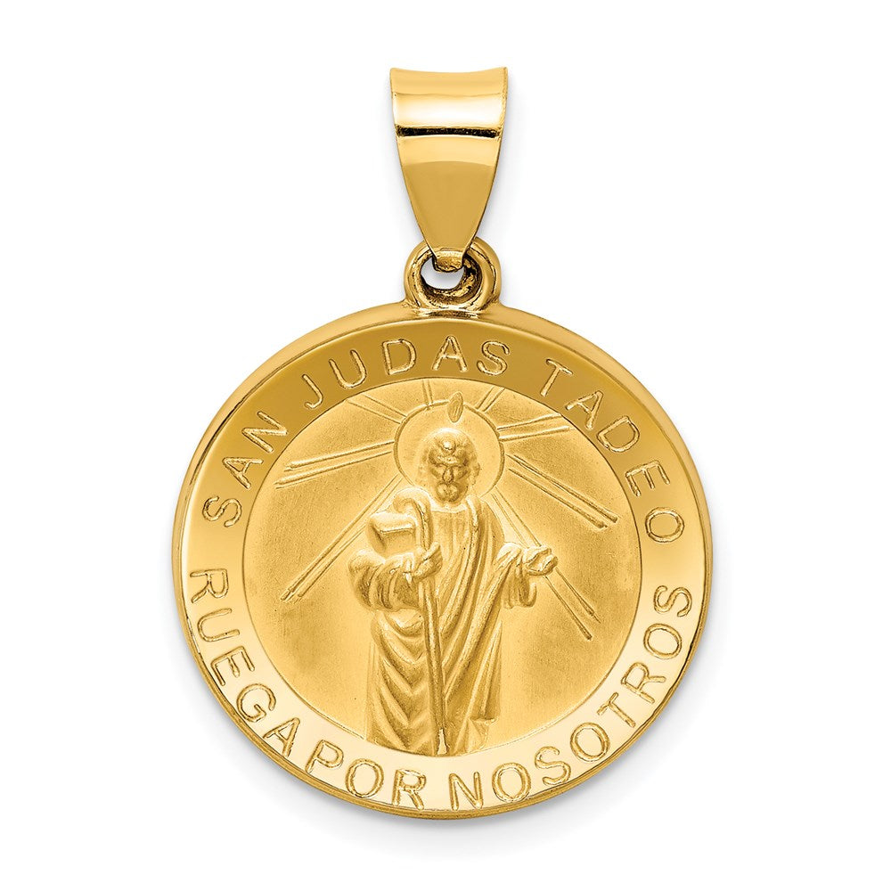 14K Polished and Satin Hollow Spanish San Judas Tadeo Medal Round Pendant