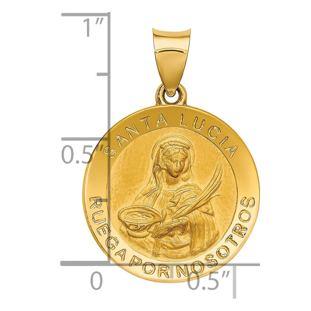 14K Polished  and  Satin Hollow Spanish Santa Lucia Medal Round Pendant