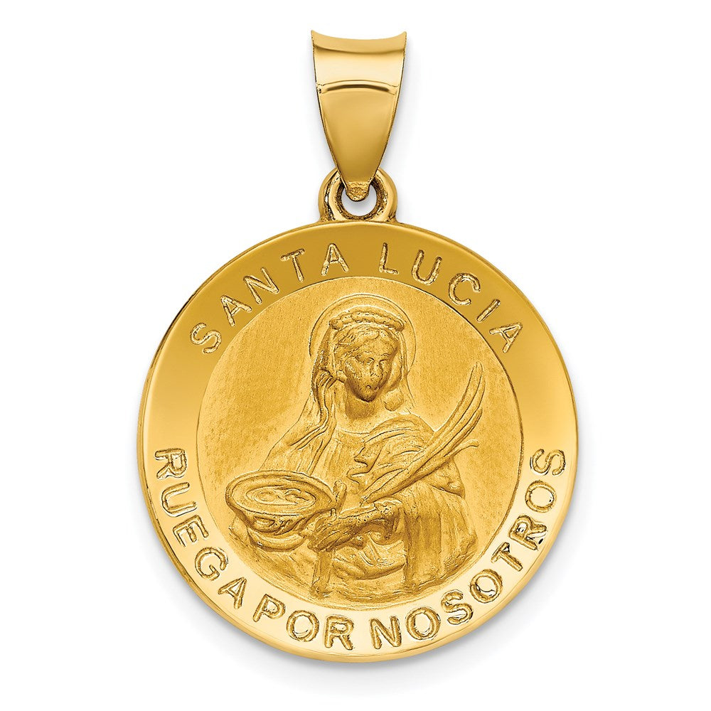 14K Polished  and  Satin Hollow Spanish Santa Lucia Medal Round Pendant