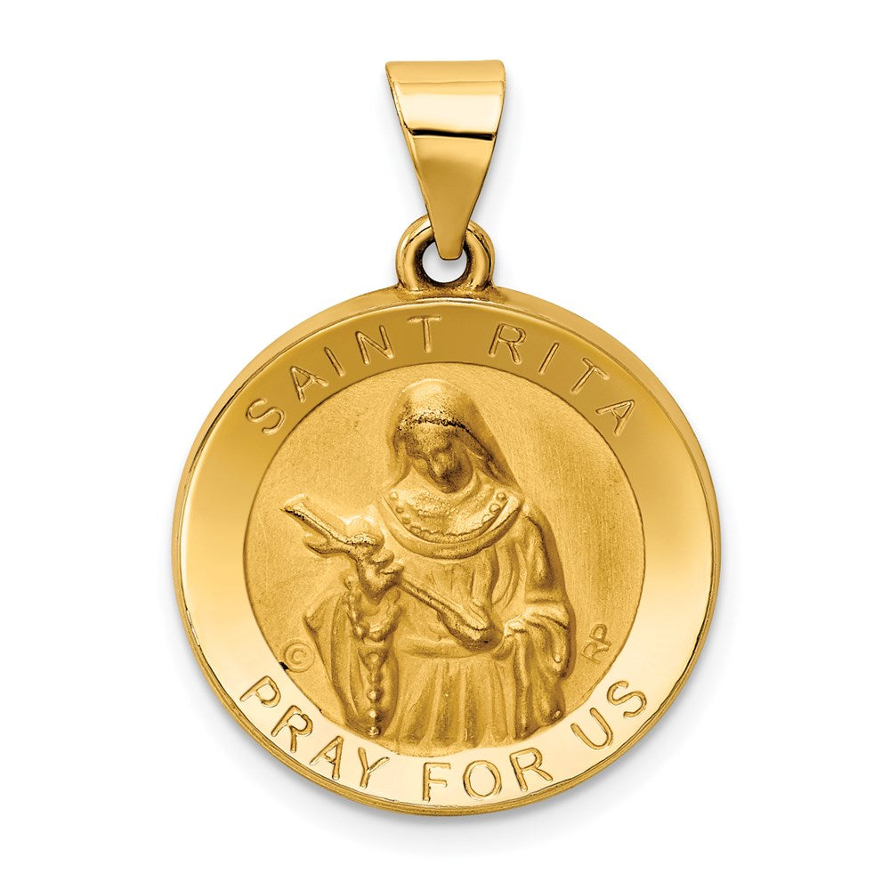 14K Polished and Satin Hollow St. Rita Medal Round Pendant