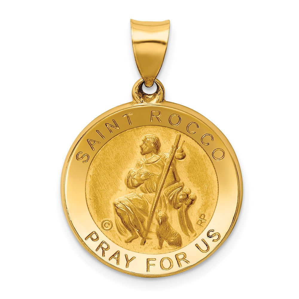 14K Polished and Satin Hollow St. Rocco Medal Round Pendant