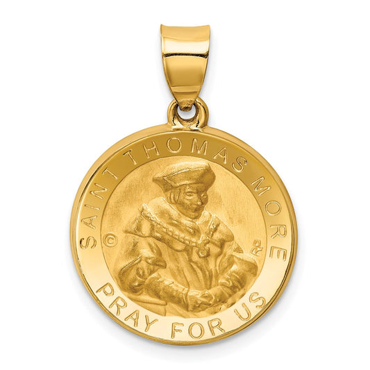14K Polished and Satin Hollow St. Thomas More Medal Round Pendant