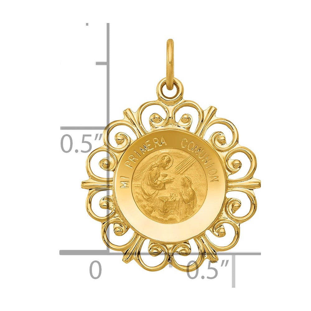 14k Polished and Satin Hollow Spanish Mi Primera Comunion Medal Round Pendant