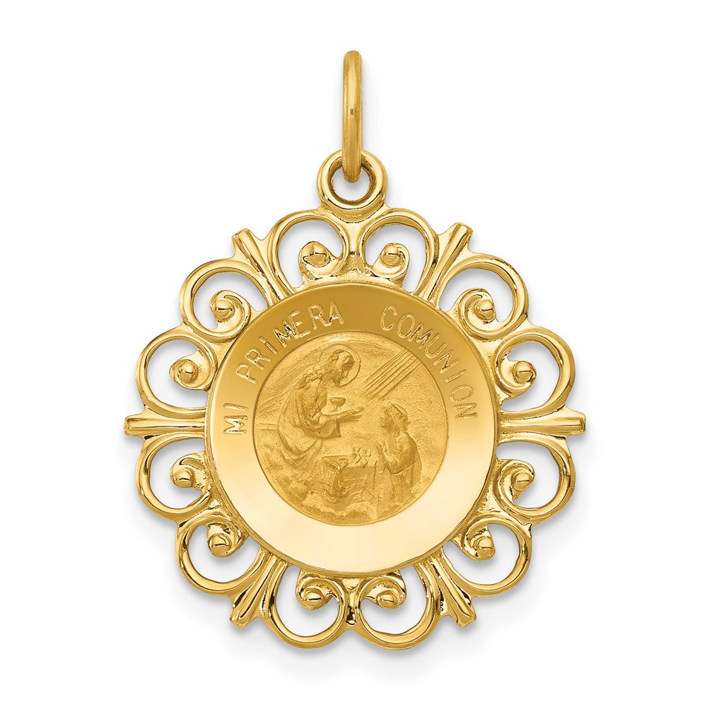 14k Polished and Satin Hollow Spanish Mi Primera Comunion Medal Round Pendant