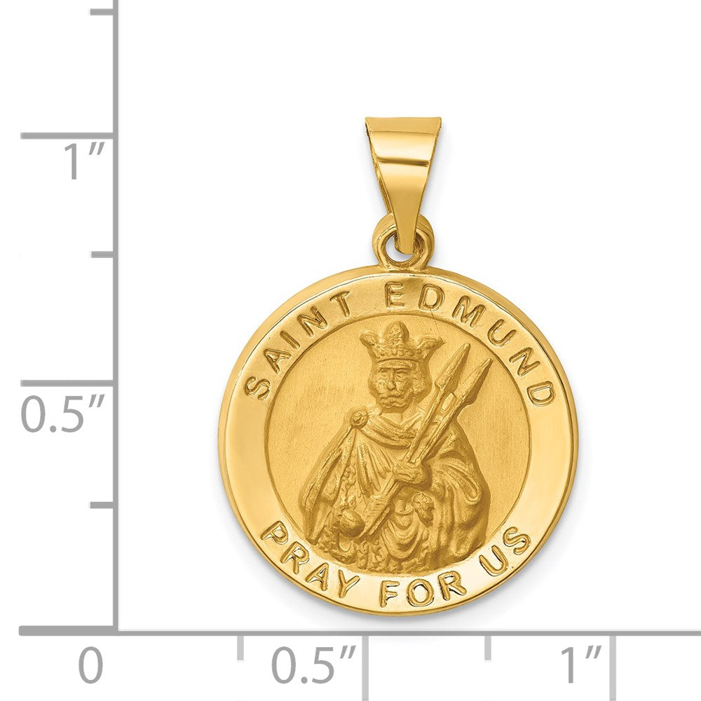14k Polished and Satin Hollow Round St. Edmund Medal Pendant