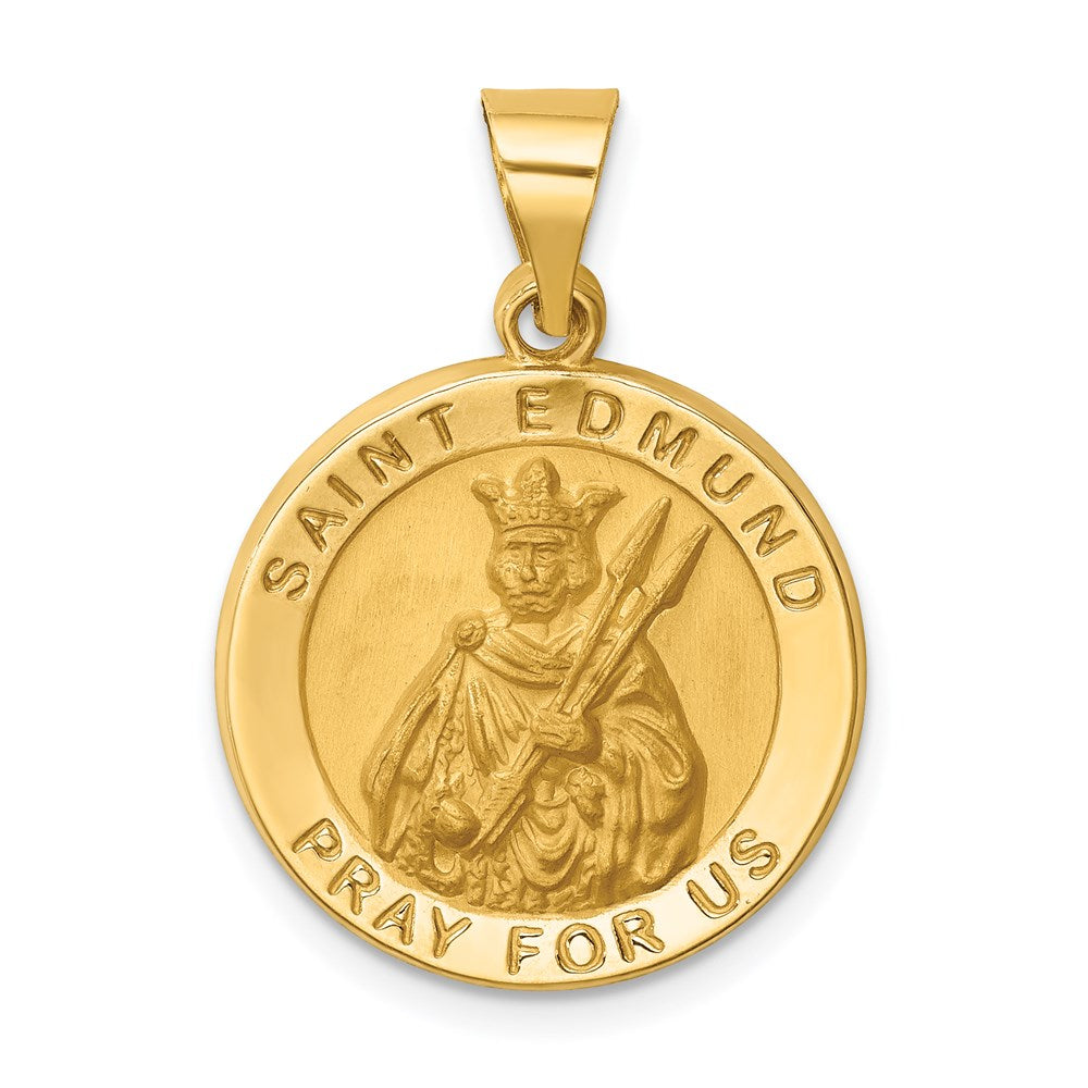 14k Polished and Satin Hollow Round St. Edmund Medal Pendant