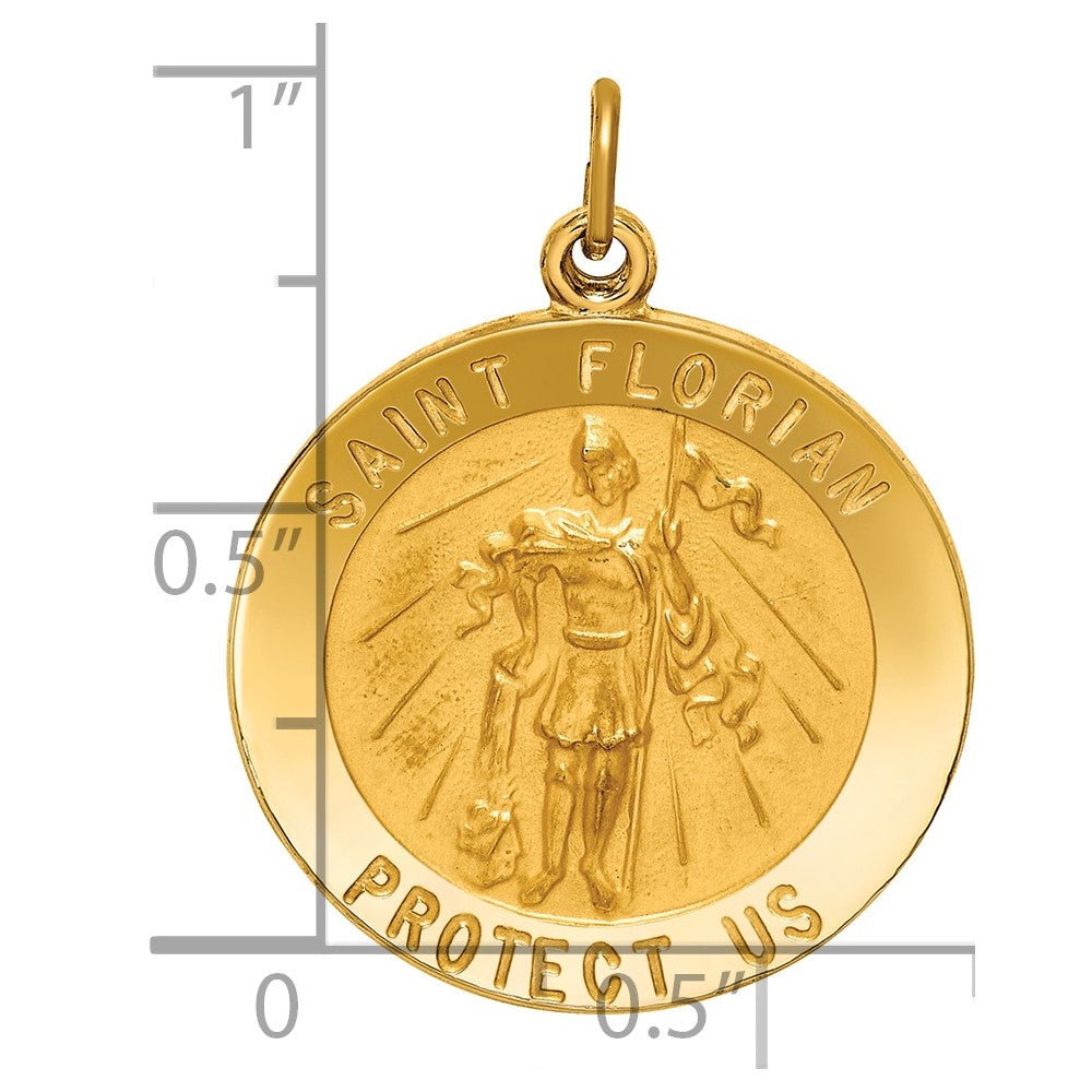 14k Polished and Satin Solid St Florian Medal Round Pendant