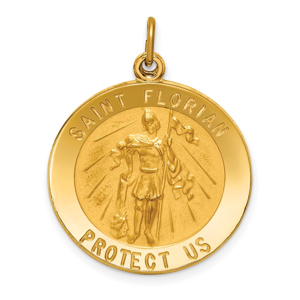 14k Polished and Satin Solid St Florian Medal Round Pendant