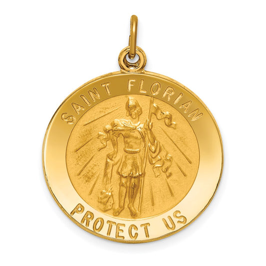 14k Polished and Satin Solid St Florian Medal Round Pendant