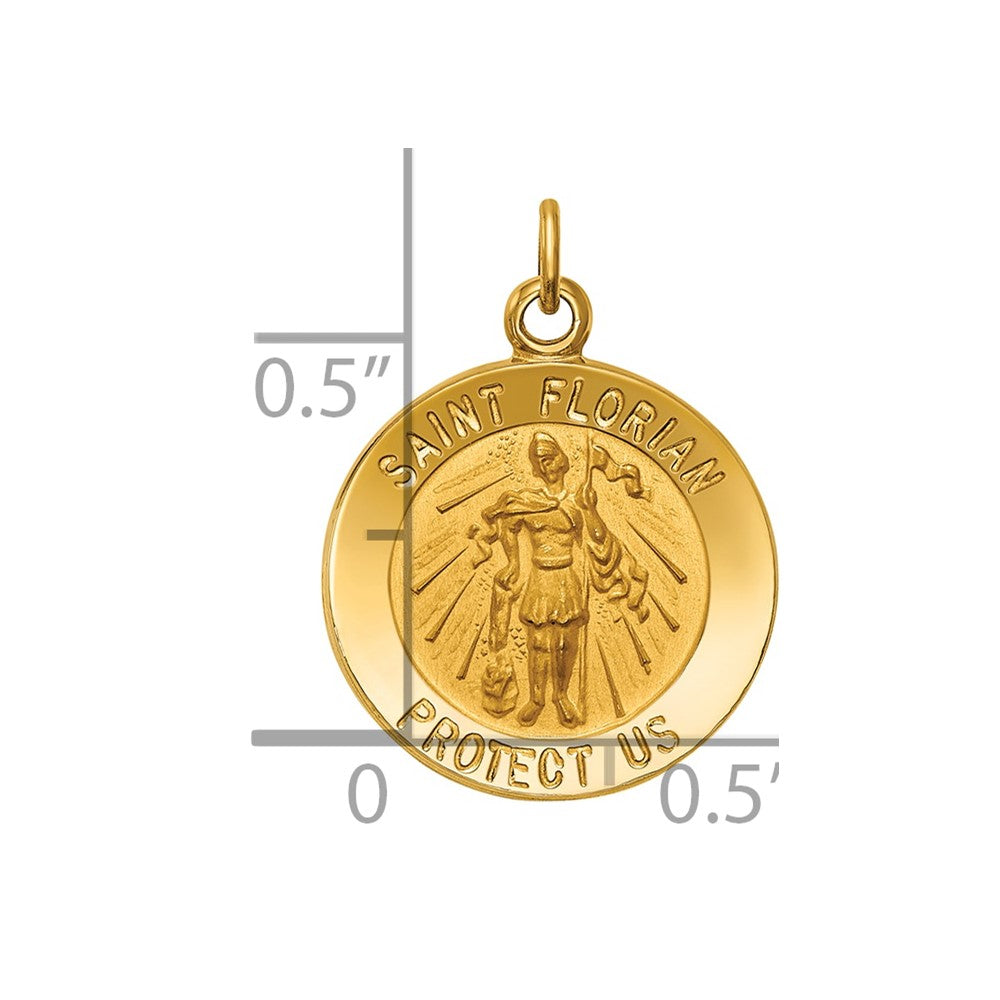 14k Polished and Satin Solid Small St. Florian Medal Round Pendant