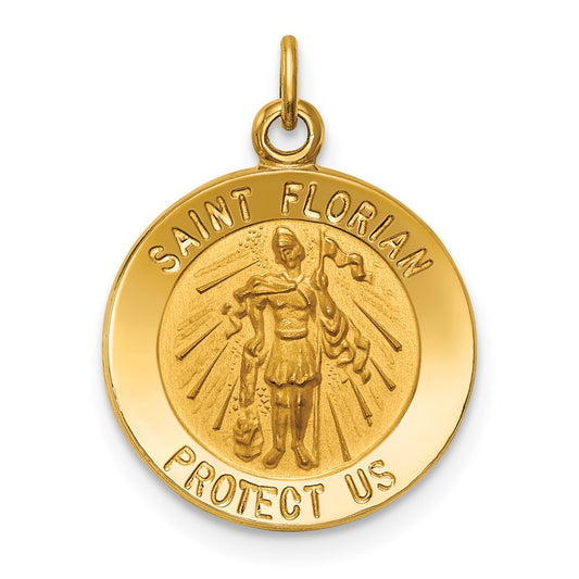 14k Polished and Satin Solid Small St. Florian Medal Round Pendant