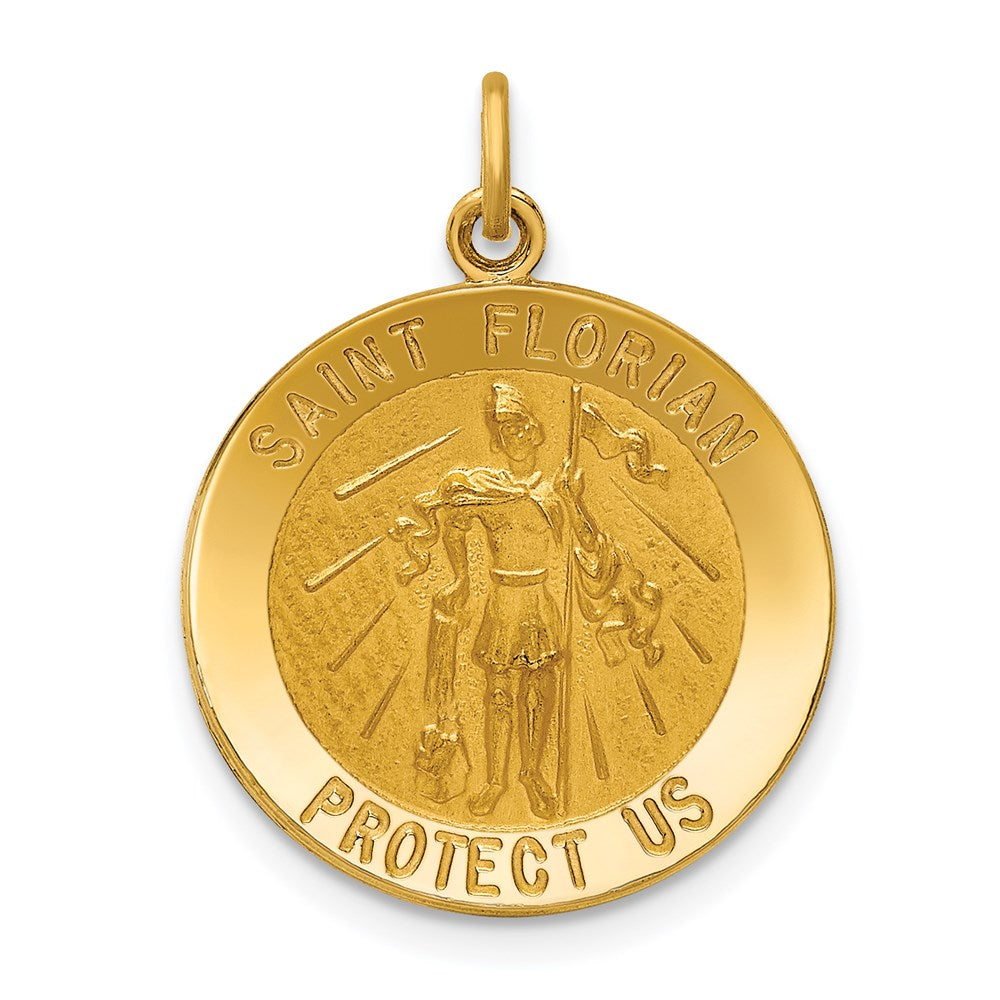 14k Polished and Satin Solid Medium St. Florian Medal Round Pendant