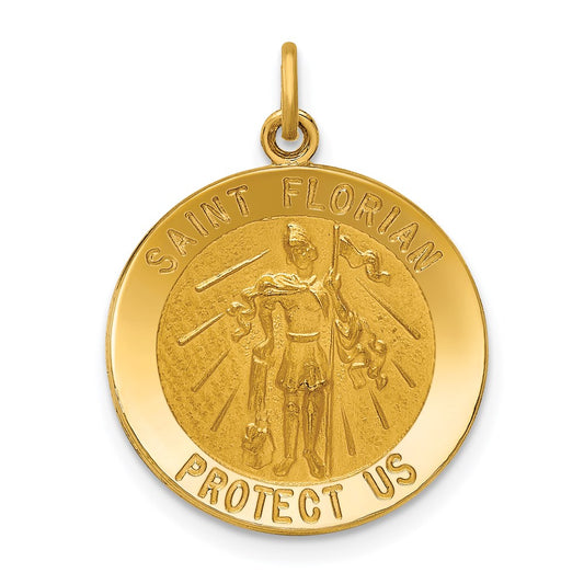 14k Polished and Satin Solid Medium St. Florian Medal Round Pendant