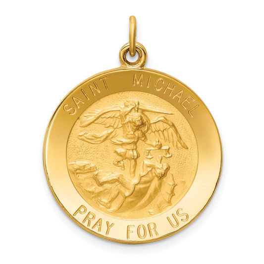 14k Polished and Satin Solid St. Michael Medal Round Pendant