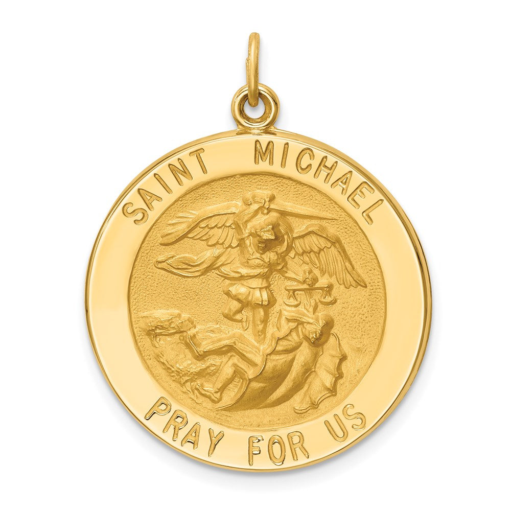 14k Polished and Satin Solid Large St. Michael Medal Round Pendant