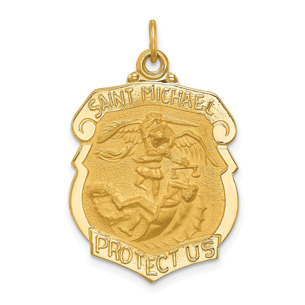14k Polished and Satin Solid Large St. Michael Medal Badge Pendant