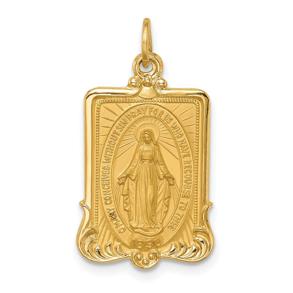 14k Polished and Satin Solid Miraculous Medal Rectangular Pendant