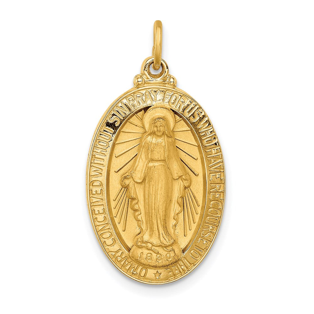 14k Polished and Satin Solid Medium Miraculous Medal Oval Pendant