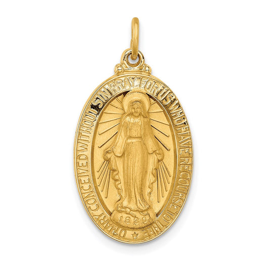 14k Polished and Satin Solid Medium Miraculous Medal Oval Pendant