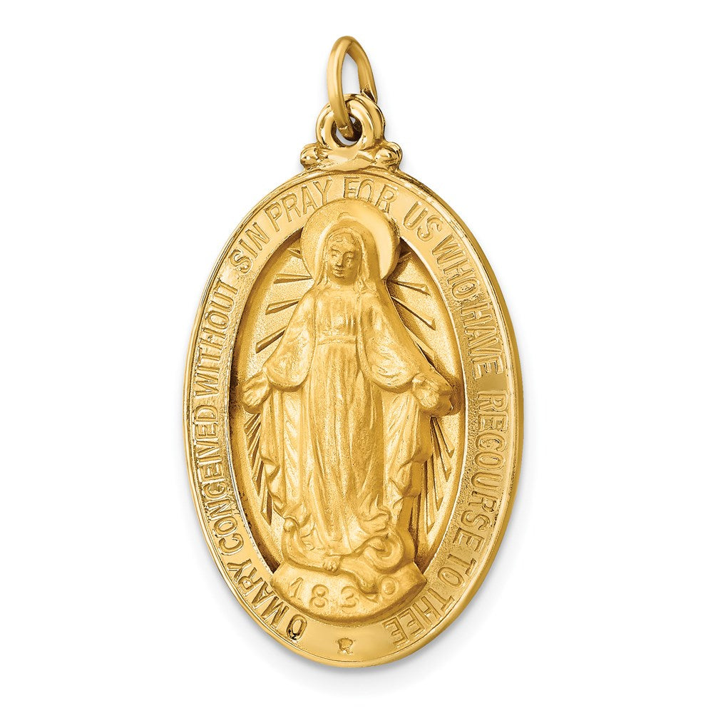 14k Polished and Satin Solid Large Miraculous Medal Oval Pendant