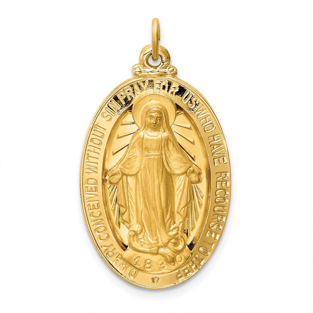 14k Polished and Satin Solid Large Miraculous Medal Oval Pendant