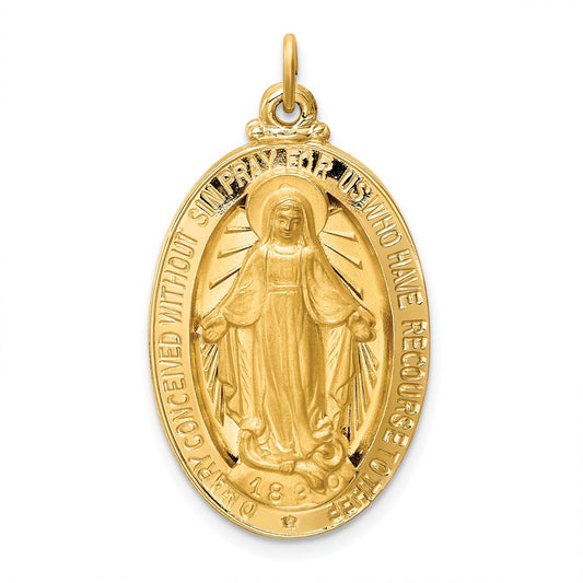 14k Polished and Satin Solid Large Miraculous Medal Oval Pendant