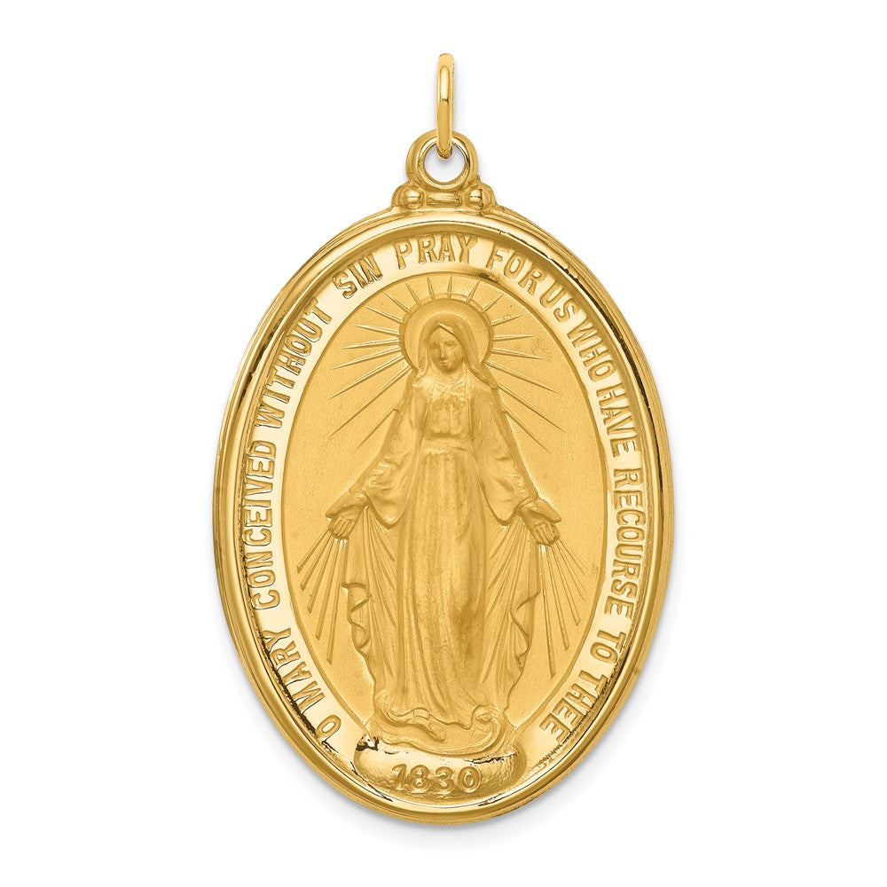 14k Polished and Satin Solid Extra Large Miraculous Medal Oval Pendant