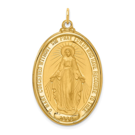14k Polished and Satin Solid Extra Large Miraculous Medal Oval Pendant