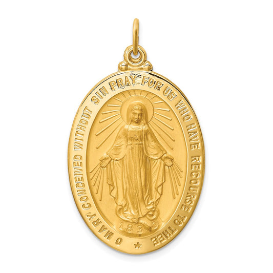 14k Polished and Satin Solid Large Miraculous Medal Oval Pendant