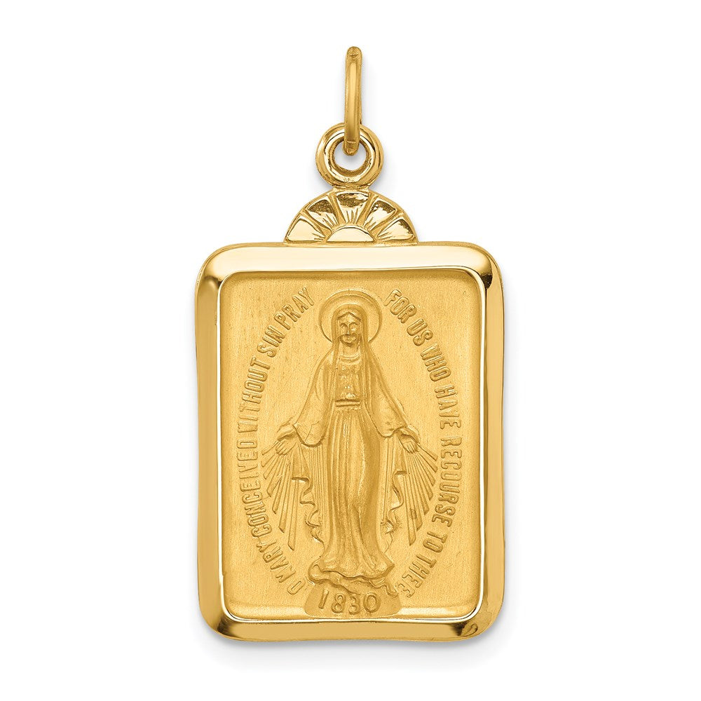 14k Polished and Satin Solid Miraculous Medal Rectangular Pendant