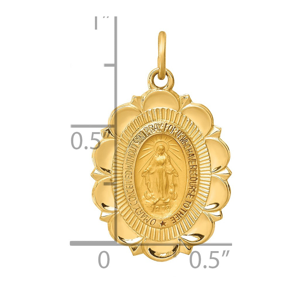 14k Polished and Satin Solid Miraculous Medal Scalloped Edge Oval Pendant