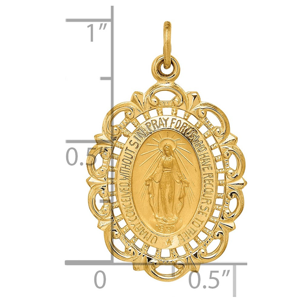 14k Polished and Satin Solid Miraculous Medal Scalloped Edge Oval Pendant