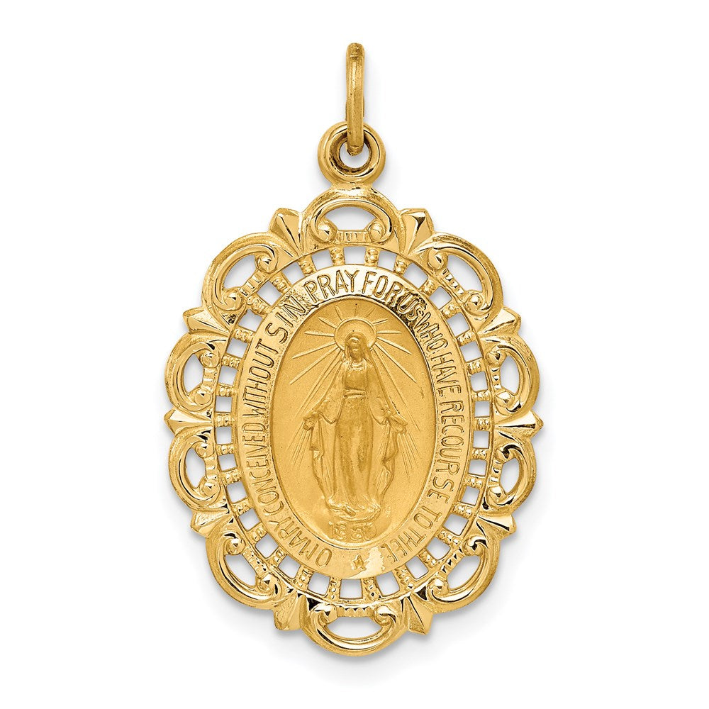 14k Polished and Satin Solid Miraculous Medal Scalloped Edge Oval Pendant