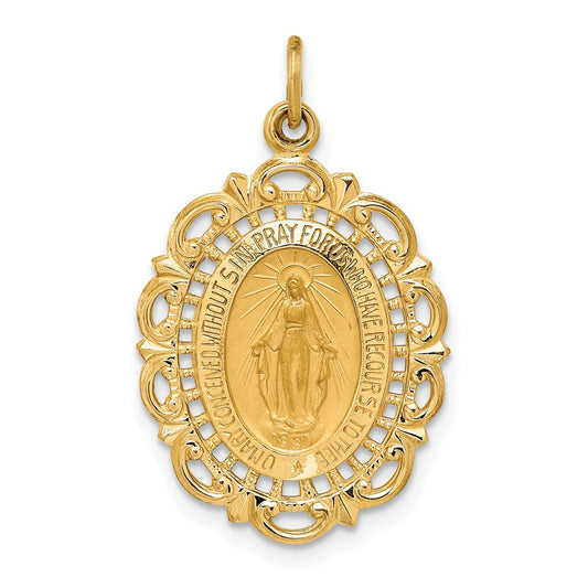 14k Polished and Satin Solid Miraculous Medal Scalloped Edge Oval Pendant