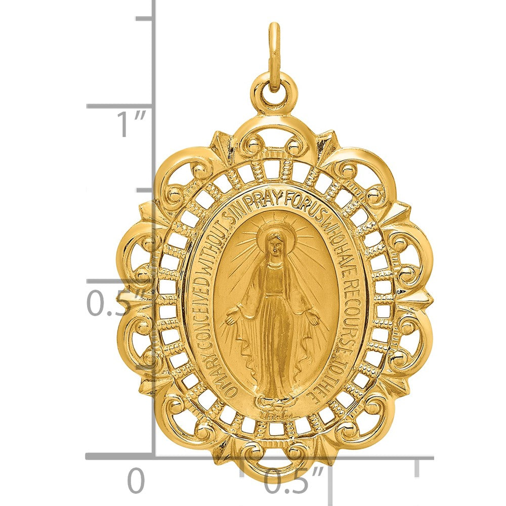 14k Polished and Satin Solid Large Miraculous Medal Scalloped Edge Oval Pendant