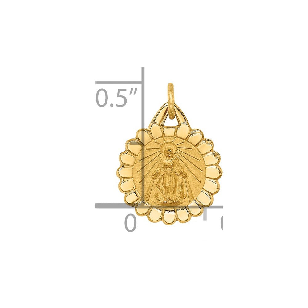 14k Polished and Satin Solid Tiny Round Scalloped Miraculous Medal Charm