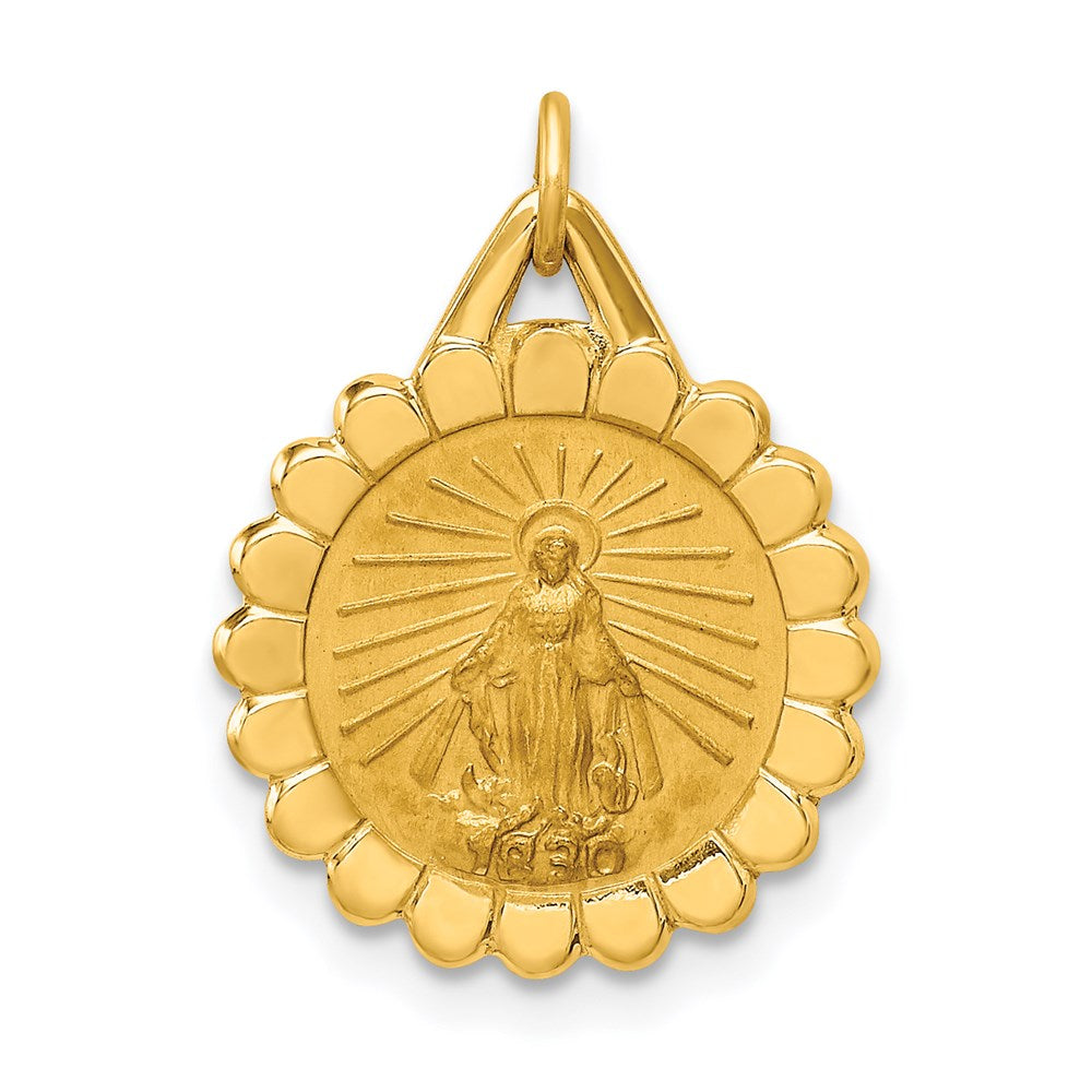 14k Polished and Satin Solid Small Round Scalloped Miraculous Medal Charm
