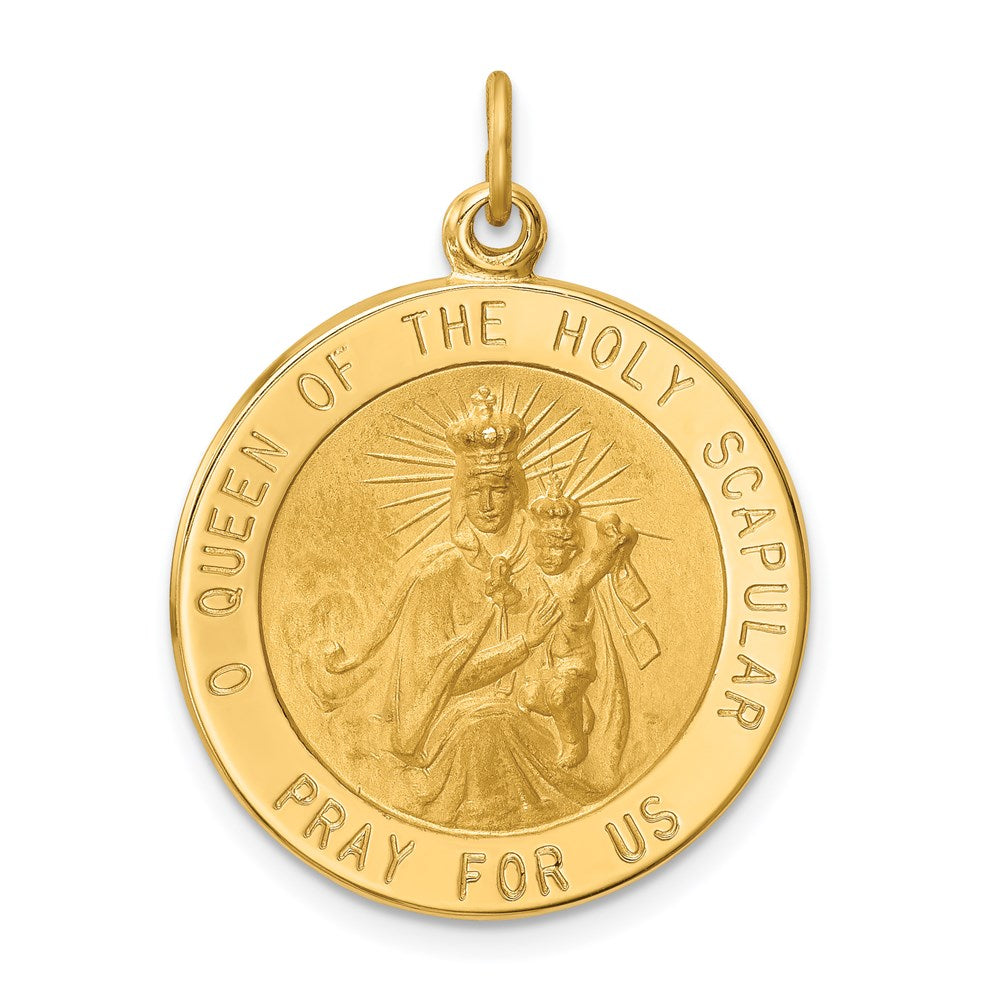 14K Polished and Satin Solid Large Queen Of The Holy Scapular Medal Reversible Round Pendant