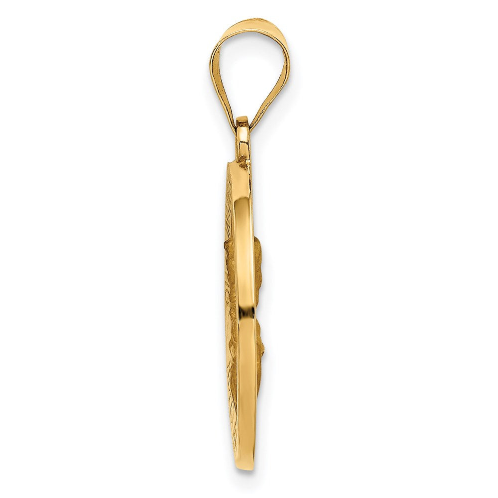 14K Polished and Satin Hollow Spanish Oh Reina Del Santo Escapulario Medal Reversible Round Pendant