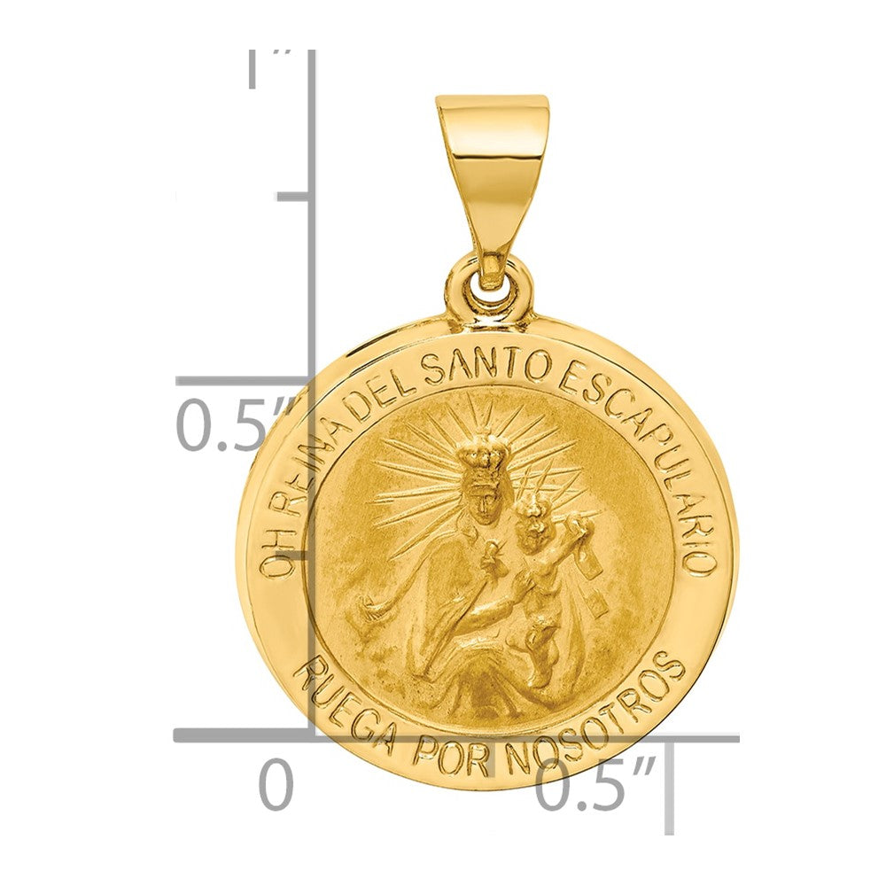 14K Polished and Satin Hollow Spanish Oh Reina Del Santo Escapulario Medal Reversible Round Pendant