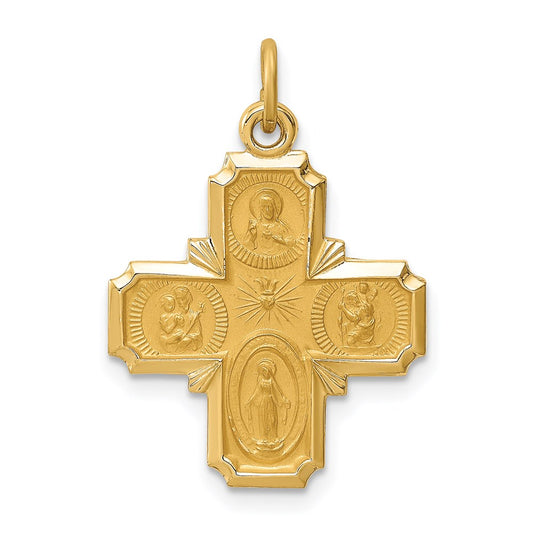 14k Polished and Satin Solid Small 4-Way Medal Pendant