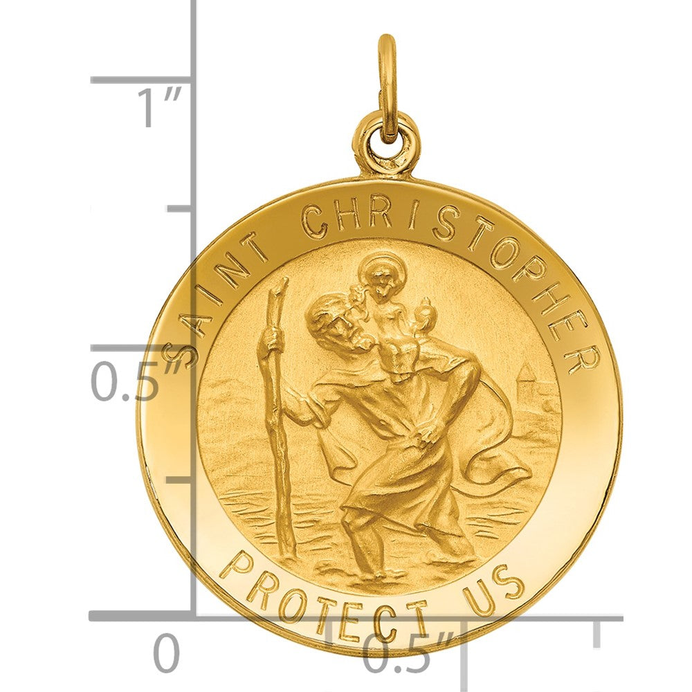 14k Polished and Satin Medium Solid  Round St. Christopher Medal Pendant